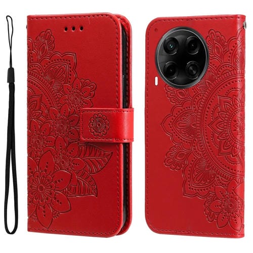 Funda de Cuero para Tecno Camon 30S y Camon 30S Pro con Estampado Flores Siete Pétalos (Rojo)