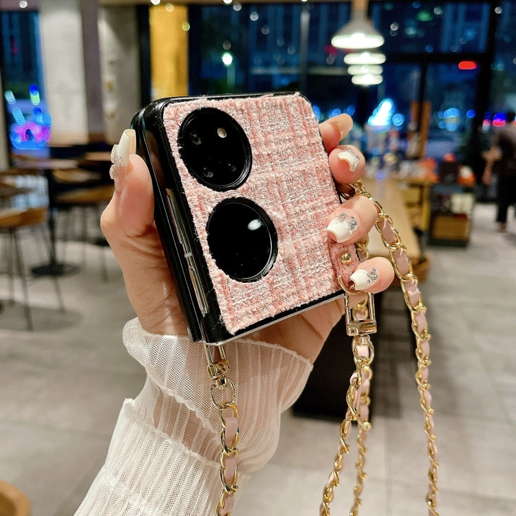 Funda para Teléfono Huawei P50 Pocket Camellia Plaid Fabric PC con Cordón Largo (Blanco)