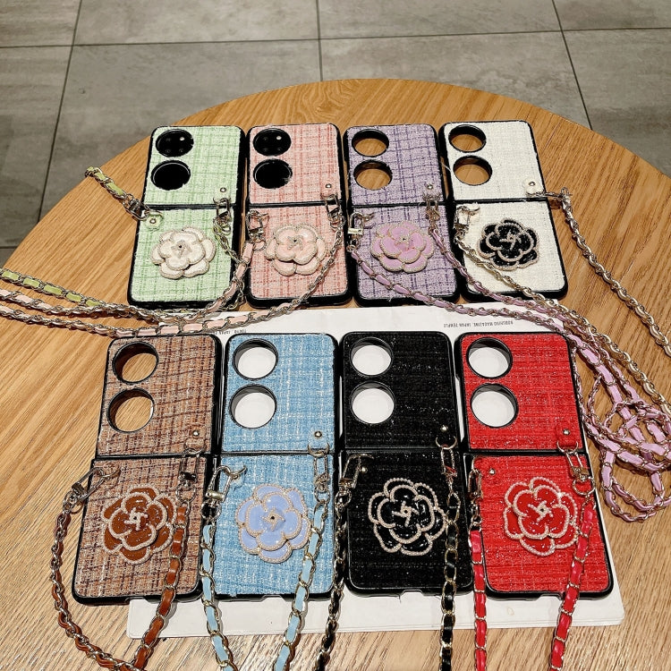 Funda para Teléfono Huawei P50 Pocket Camellia Plaid Fabric PC con Cordón Largo (Blanco)