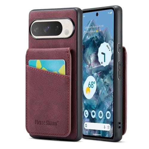 Funda Trasera PU con Tarjetero Fierre Shann Crazy Horse para Google Pixel 9 Pro XL (Rojo Vino)