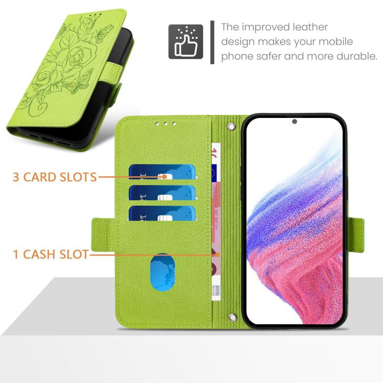Funda de cuero antirrobo RFID con relieve rosa para Samsung Galaxy A07 4G (verde)