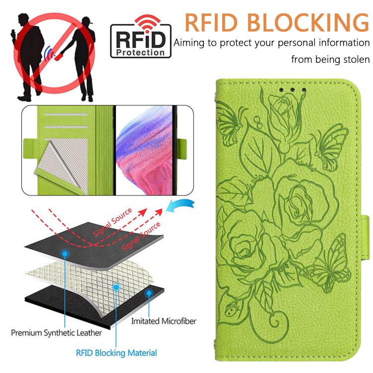 Funda de cuero antirrobo RFID con relieve rosa para Samsung Galaxy A07 4G (verde)