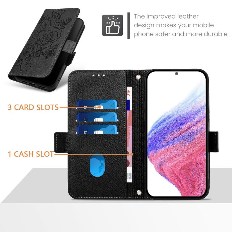 Funda de cuero antirrobo RFID con relieve rosa para Samsung Galaxy A07 4G (negra)