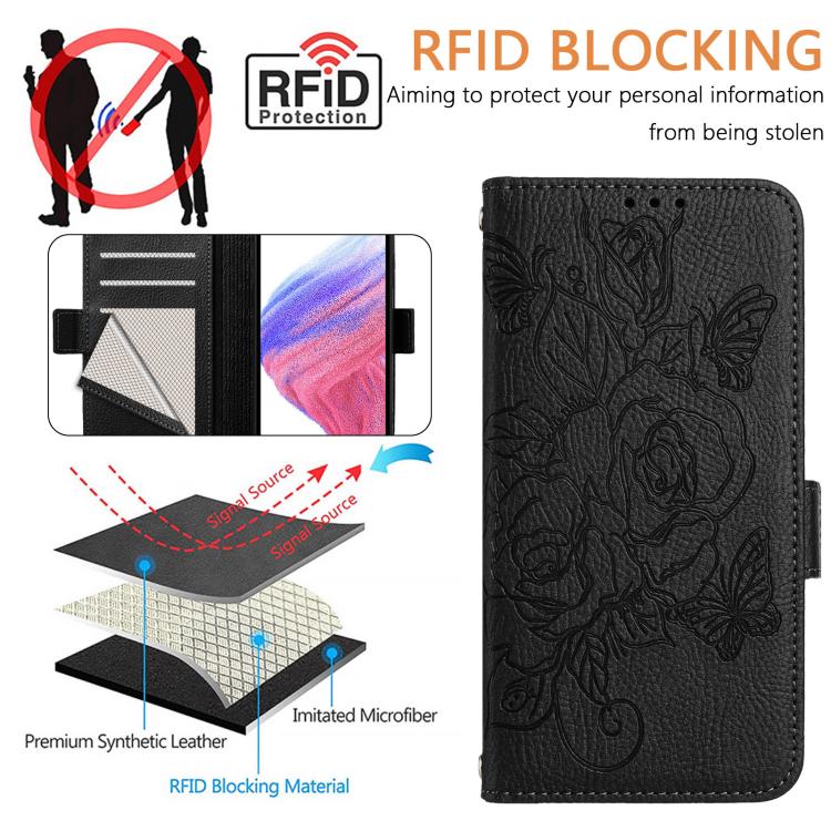 Funda de cuero antirrobo RFID con relieve rosa para Samsung Galaxy A07 4G (negra)