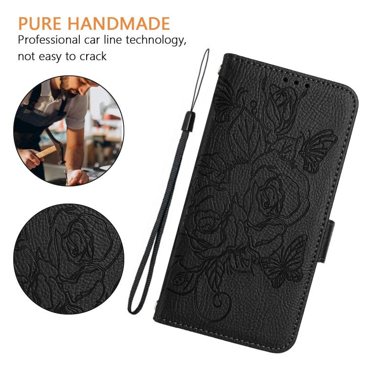 Funda de cuero antirrobo RFID con relieve rosa para Samsung Galaxy A07 4G (negra)