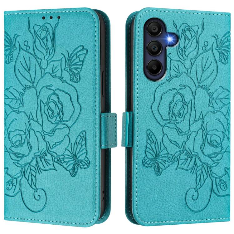 Funda de cuero antirrobo RFID con relieve rosa para Samsung Galaxy A17 4G (azul claro)