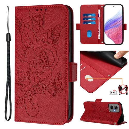 Funda de Cuero Antirrobo RFID con Relieve para Motorola Moto G55 (Rojo)