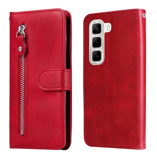 Funda de Piel con Textura de Becerro y Cremallera para Teléfono Infinix Hot 50 4G (Rojo)