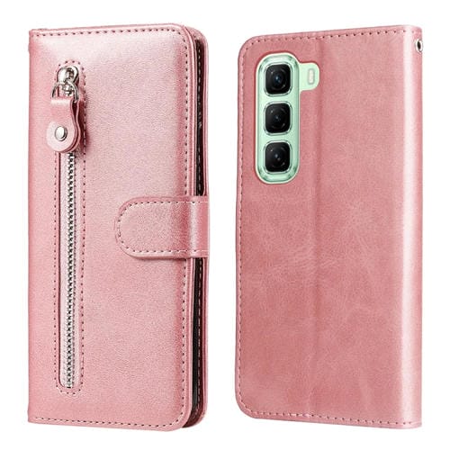 Funda de Piel con Cremallera y Textura de Becerro para Teléfono Infinix Hot 50 5G (Oro Rosa)
