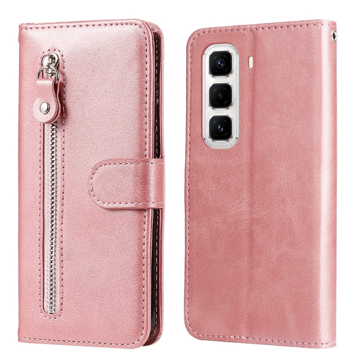 Funda de Piel Textura de Becerro con Cremallera para Infinix Hot 50 Pro+ 4G (Oro Rosa)