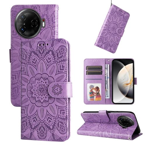 Funda de Piel con Relieve de Girasol para Teléfono Tecno Camon 30 Pro (Morado)