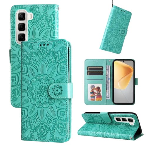 Funda de Piel con Relieve de Girasol para Teléfono Infinix Hot 50 4G (Verde)
