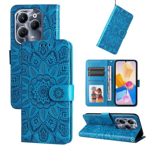 Funda de Cuero con Relieve de Girasol para Infinix Hot 40 y Hot 40 Pro (Azul)
