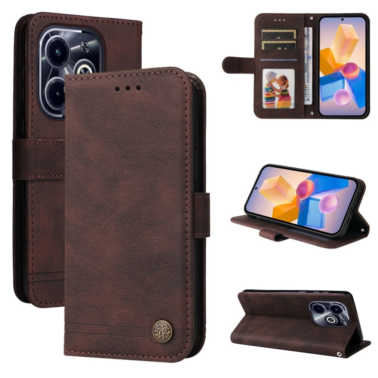 Funda de Cuero con Botones de Metal y Diseño Árbol de la Vida para Infinix Hot 40I (Marrón)