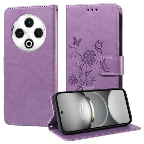 Funda de Cuero para Tecno Spark 30 4G con Diseño de Mariposas y Flores En Relieve (Morado)
