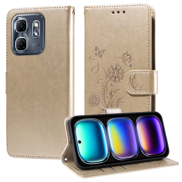 Funda de Cuero para Infinix Hot 50I/Smart 9 con Diseño de Mariposas y Flores en Relieve (Dorada)