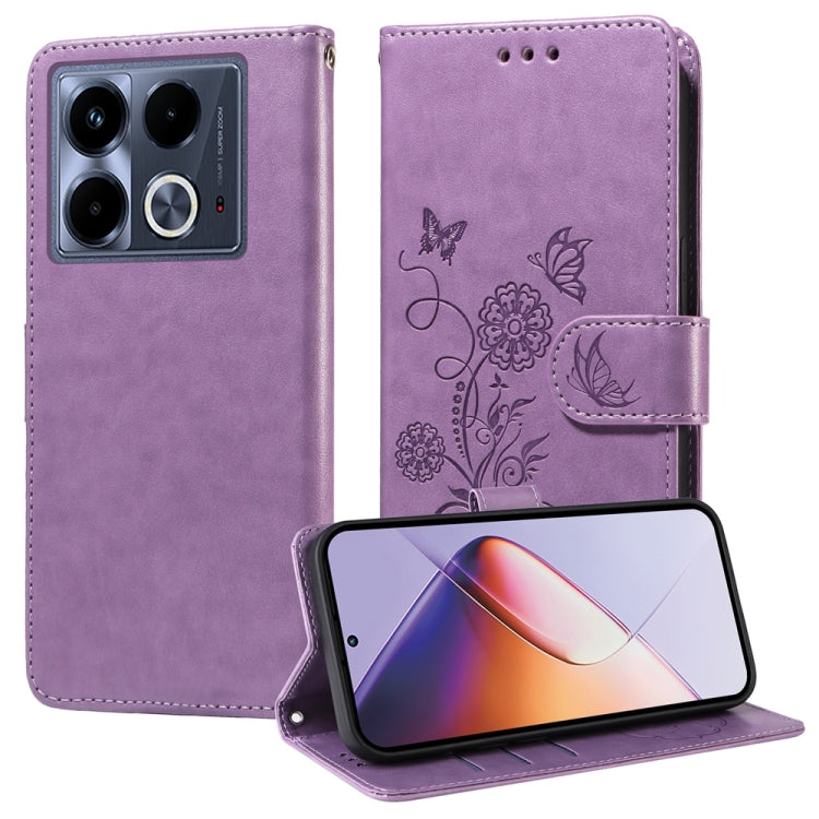 Funda de Cuero para Infinix Note 40 4G con Diseño de Mariposas y Flores en Relieve (Morado)