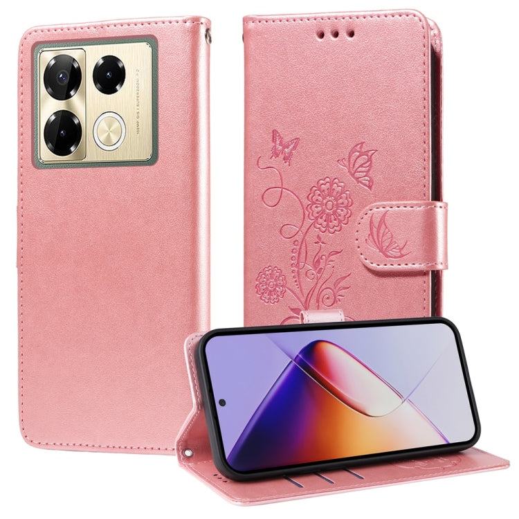 Funda de Cuero para Infinix Note 40 Pro 4G/5G y Note 40 Pro+ con Mariposas y Flores en Relieve (Oro Rosa)