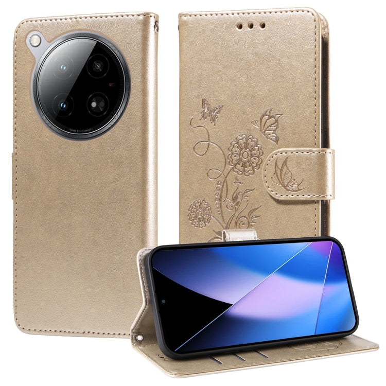 Funda de Cuero para Infinix Zero 40 4G/5G con Diseño de Mariposas y Flores en Relieve (Dorada)