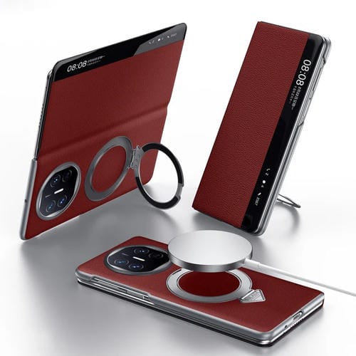 Funda de Cuero con Soporte Magnético Magsafe y Ventana Smart View para Huawei Mate X5/X3 (Rojo)