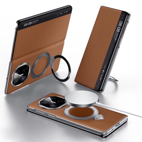 Funda de Cuero con Soporte Magnético Magsafe y Ventana Inteligente para Huawei Mate X6 (Marrón)