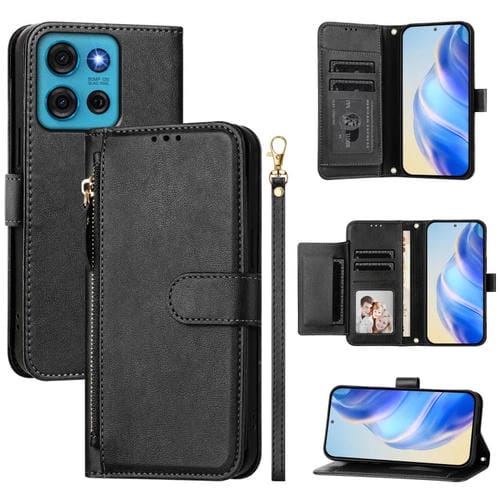 Funda de Cuero con Cremallera y Ranuras para Tarjetas para Motorola Moto G75 5G (Negro)