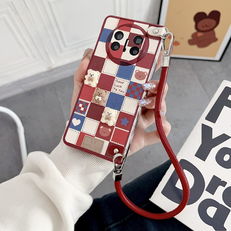 Funda para Teléfono Huawei Mate X5 con Diseño Osito Enrejado y Correa para Muñeca (Rojo)