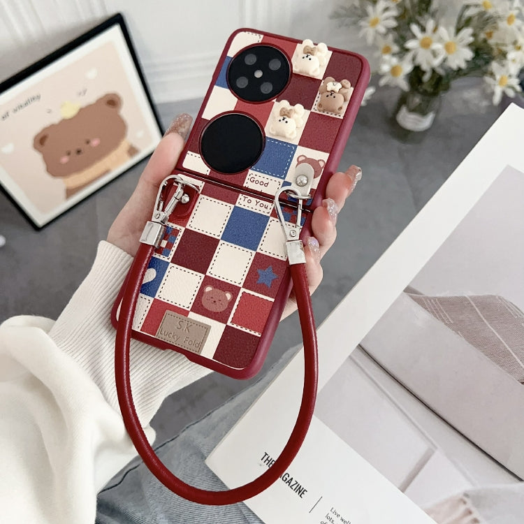 Funda para Teléfono Huawei P50 Pocket Lattice con Diseño Osito de Peluche y Correa para Muñeca (Rojo)