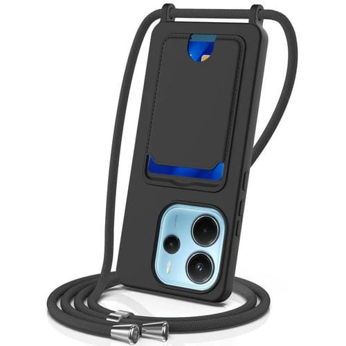 Funda de silicona líquida de color sólido con cordón para Redmi Note 14 4G (163,25 mm) con tarjetero integrado (negro)