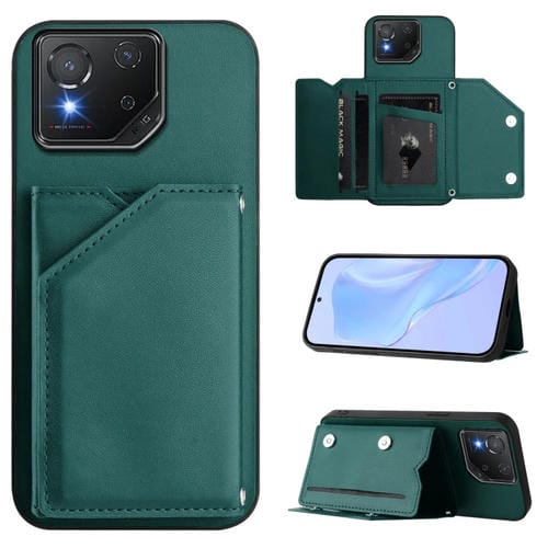 Estuche para Teléfono Asus Rog Phone 8 Skin Feel con 4 Ranuras para Tarjetas y Correa para Muñeca (Verde)