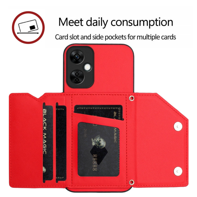 Funda para OnePlus Nord Ce 3 Lite con 4 Ranuras para Tarjetas y Correa para Muñeca (Rojo)