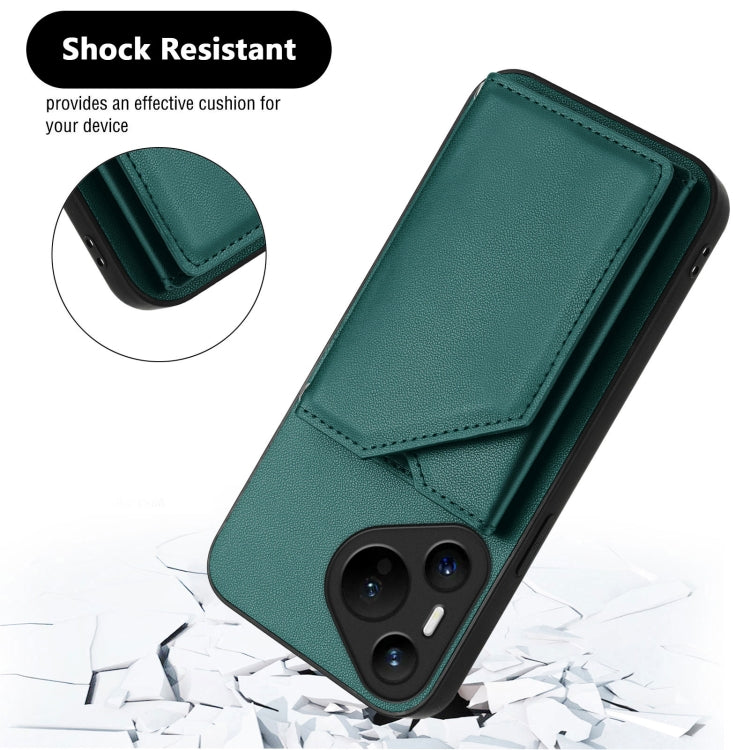 Funda para Teléfono Huawei Pura 70 Skin Feel con 4 Ranuras para Tarjetas y Correa para Muñeca (Verde)