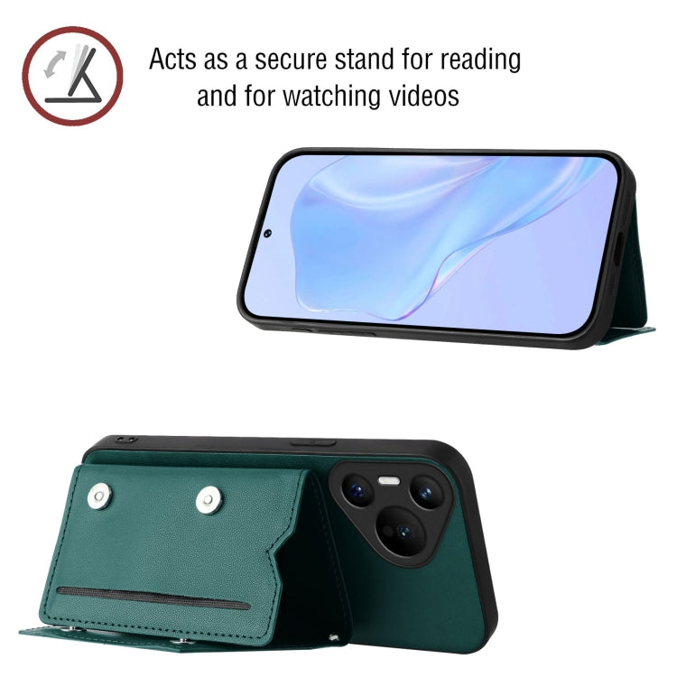 Funda para Teléfono Huawei Pura 70 Skin Feel con 4 Ranuras para Tarjetas y Correa para Muñeca (Verde)