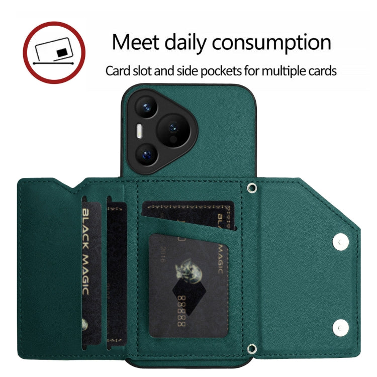 Funda para Teléfono Huawei Pura 70 Skin Feel con 4 Ranuras para Tarjetas y Correa para Muñeca (Verde)