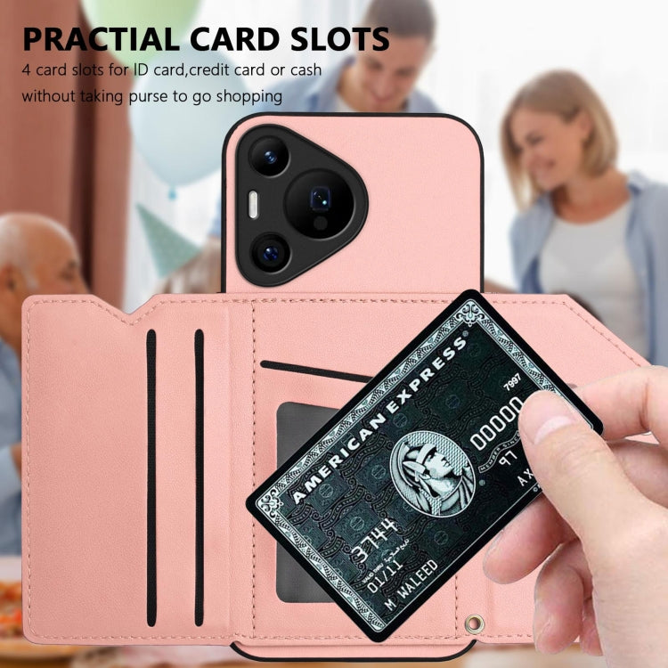 Funda para Huawei Pura 70 Pro con 4 Ranuras para Tarjetas y Correa para Muñeca (Rosa)