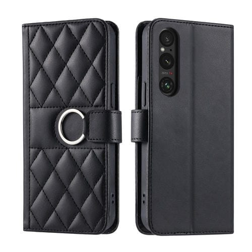 Funda de Cuero con Hebilla de Anillo para Sony Xperia 1 Vi (2024) (Negra)