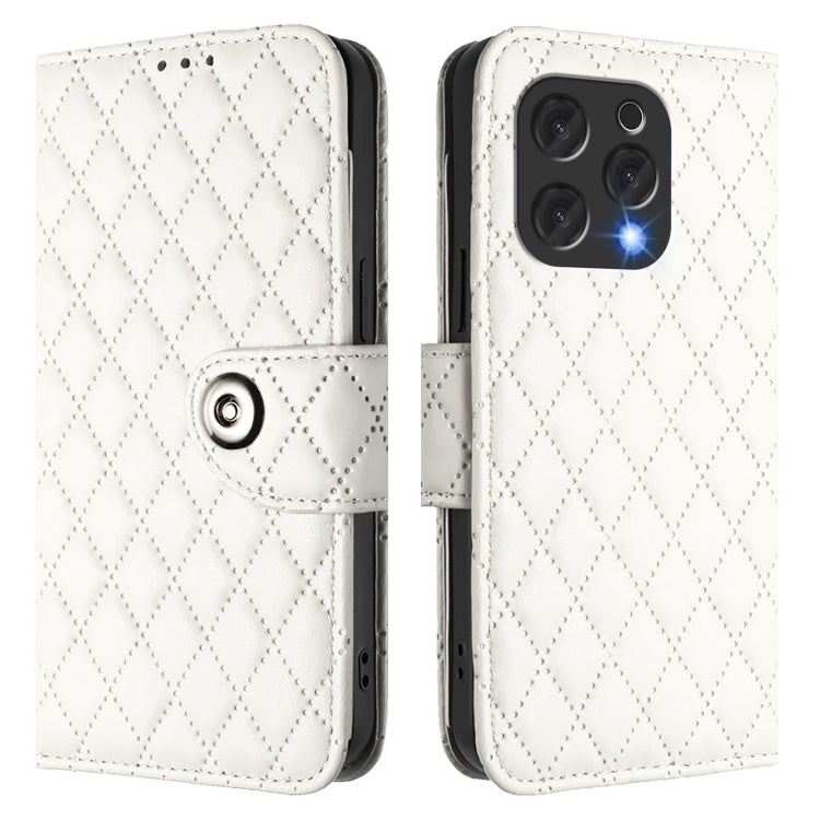 Funda de Cuero con Tapa y Textura Rombal para Doogee N55 Plus con Cordón (Blanco)