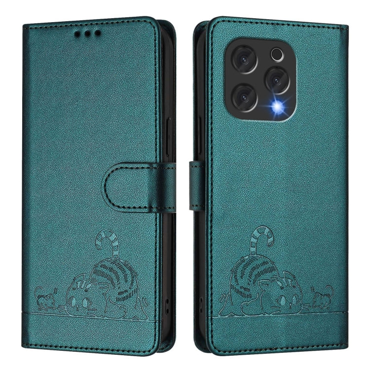 Funda de Cuero Rfid para Doogee N55 Plus con Cordón Estampado Rata y Gato (Verde Pavo Real)