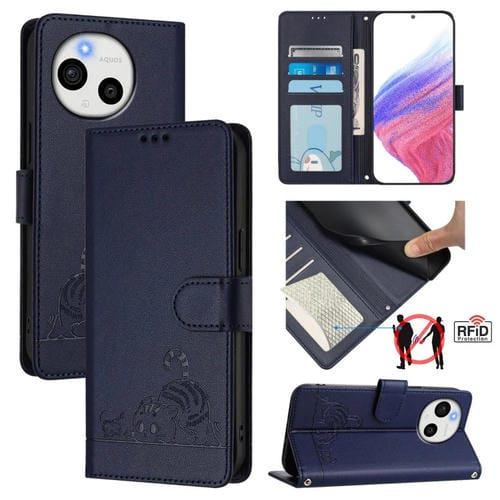Funda de Cuero RFID para Sharp Aquos Sense9 con Estampado de Rata y Gato y Cordón (Azul)