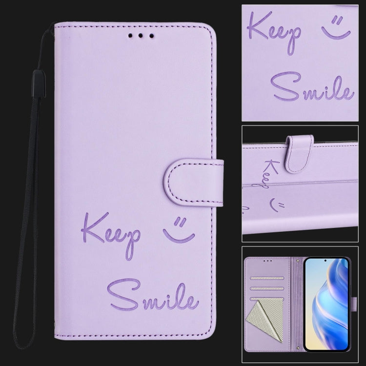 Funda de Cuero Rfid con Relieve Sonriente para Teléfono Doogee N55 Plus (Morado Claro)