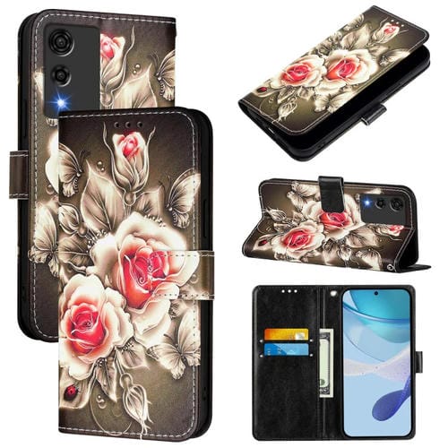Funda de Cuero para Cubot A10 con Diseño de Dibujos Rosas Sobre Negro