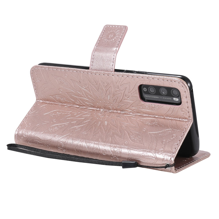 Para Huawei Enjoy Z Impresión prensada Patrón de girasol Tapa horizontal Funda de cuero PU Soporte y ranuras para tarjetas y billetera y cordón (oro rosa)