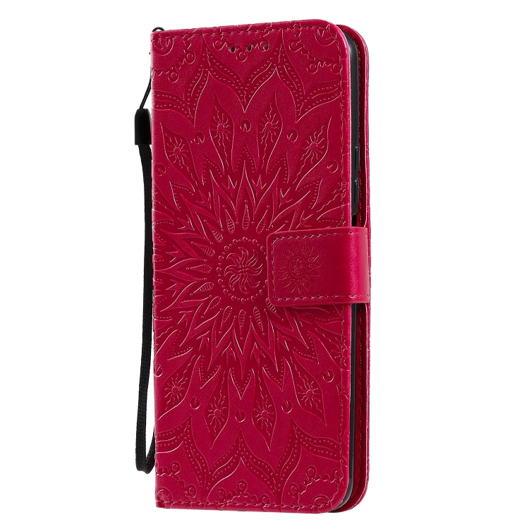 Para Huawei Honor X10 Impresión prensada Patrón de girasol Flip horizontal Funda de cuero PU Soporte y ranuras para tarjetas y billetera y cordón (rojo)