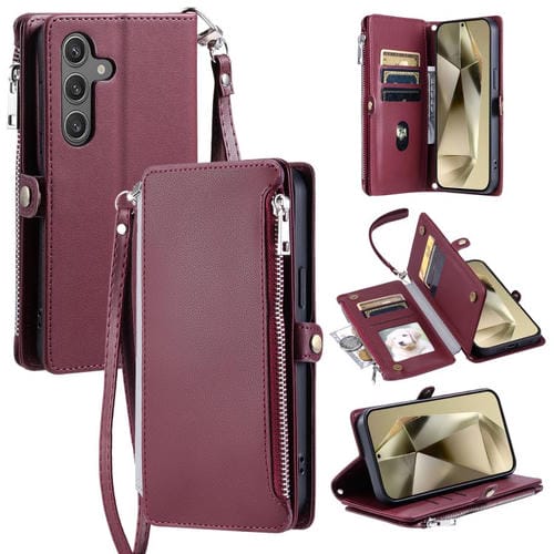 Funda de cuero con cremallera y ranura para múltiples tarjetas para Samsung Galaxy A17 5G (rojo vino)