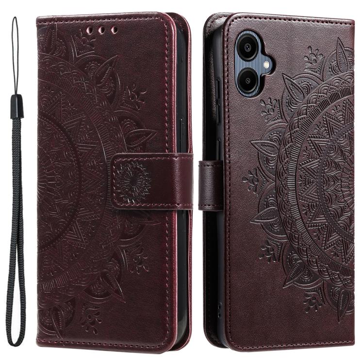 Funda de cuero con relieve de flor tótem y cordón para Samsung Galaxy A07 4G (marrón)