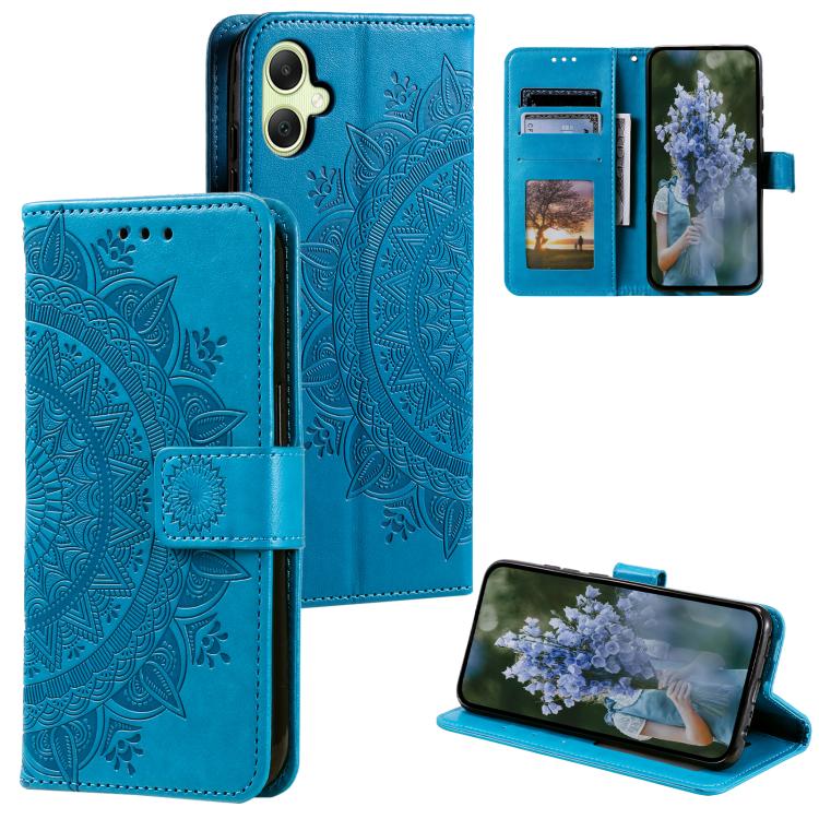 Funda de piel con relieve de flor tótem y cordón para Samsung Galaxy A07 4G (azul)