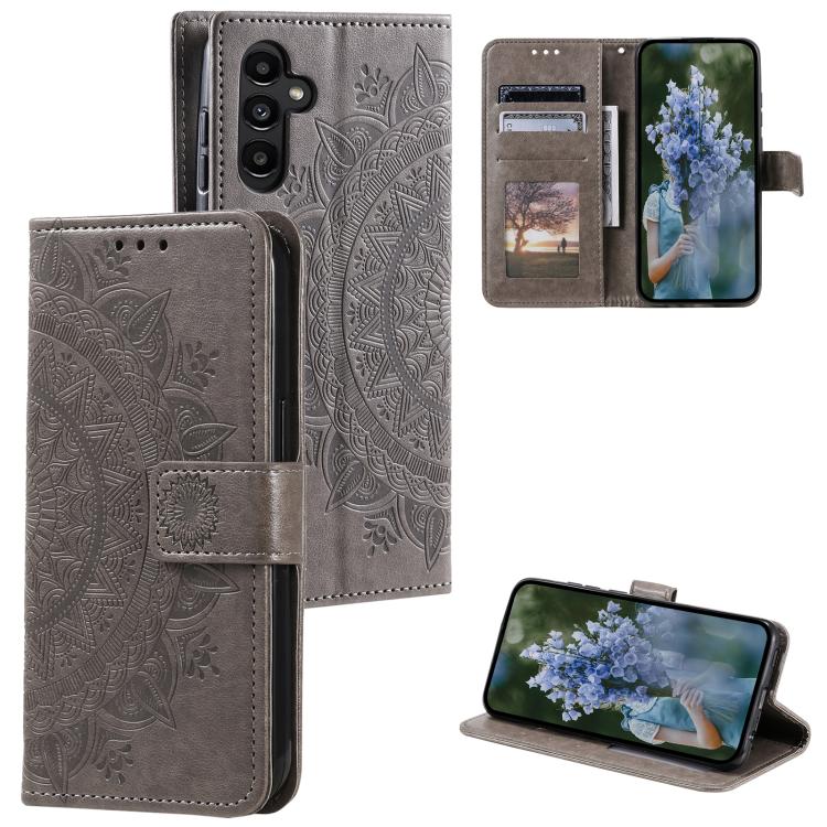 Funda de piel con relieve de flor tótem y cordón para Samsung Galaxy A17 5G (gris)