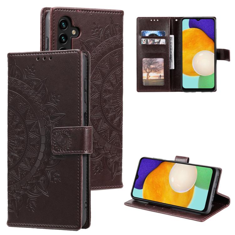 Funda de cuero con relieve de flor tótem para Samsung Galaxy A17 5G con cordón (marrón)