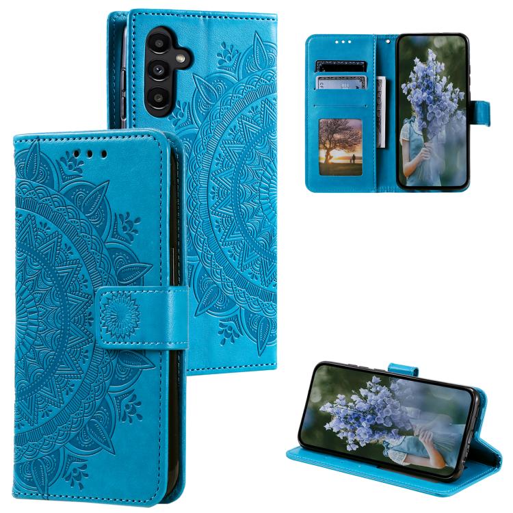 Funda de cuero con relieve de flor tótem y cordón para Samsung Galaxy A17 5G (azul)