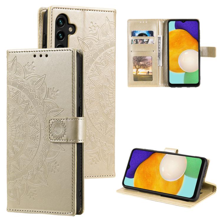 Funda de cuero con relieve de flor tótem para Samsung Galaxy A17 5G con cordón (oro rosa)